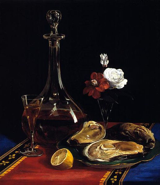 still life by Adalbert John Volck, showing decanter of wine, oysters, small vase of flowers, slice of lemon